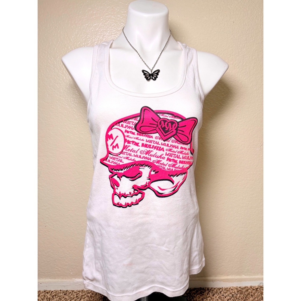Y2K Metal Mulisha Women White Pink Skull Bow Racerback Tank Top Size M #7